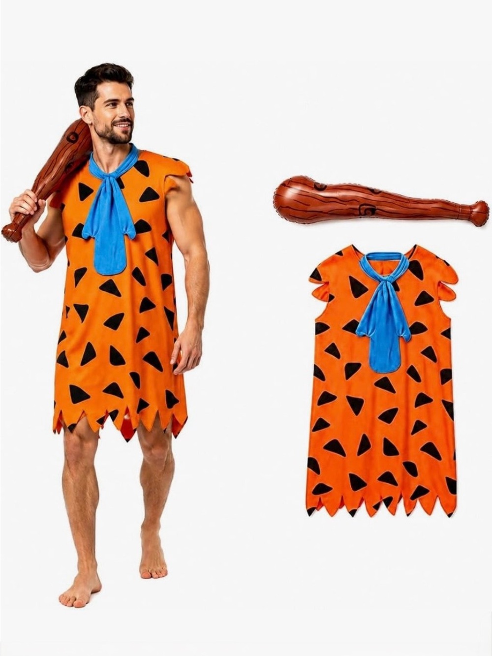 Orange and Blue Flintstone Costume Dress with Club - Unbranded